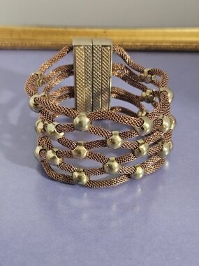 Vintage Copper Mesh Multi-Strand Bracelet with Gold Bead Accents Magnetic Clasp